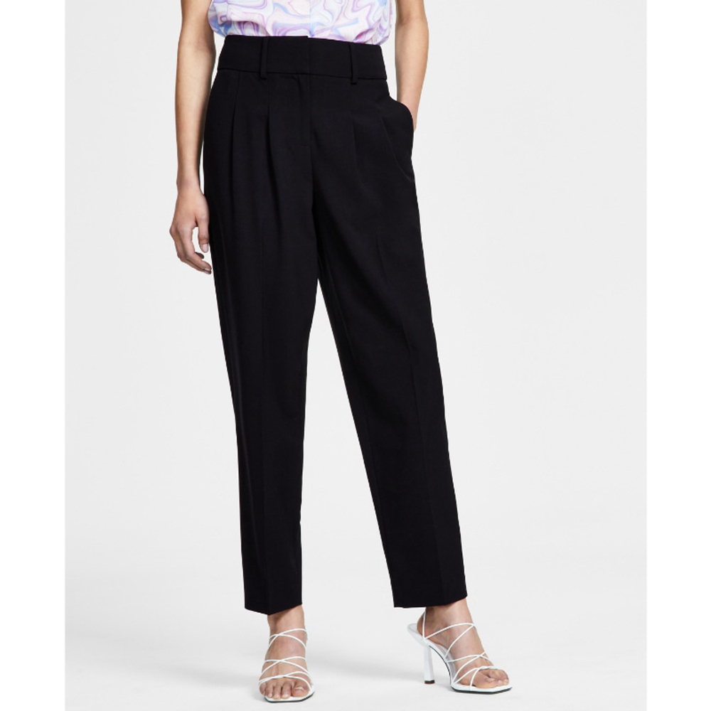 Bar III Women's Bi-Stretch Pleated Straight-Leg Black Ankle Dress Pants NWT